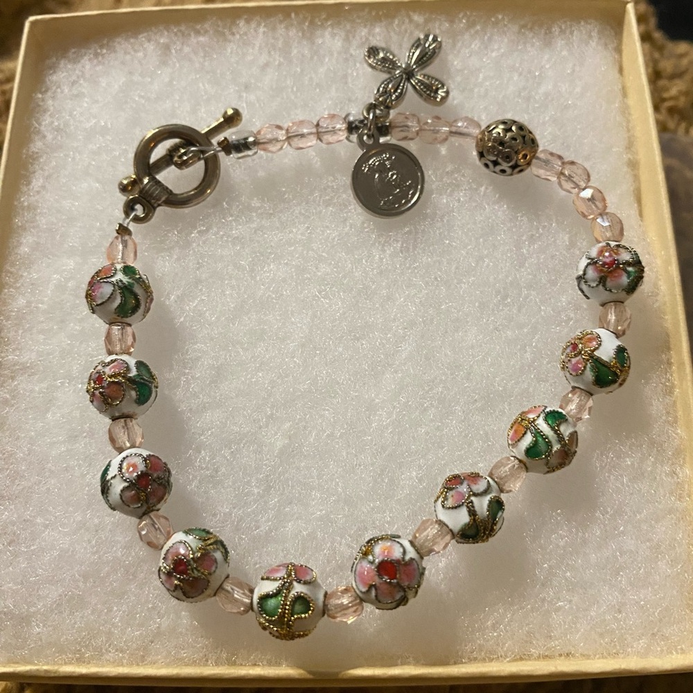 Beautiful Floral Beaded Cloisonné Bracelet with Pink and Green Accents